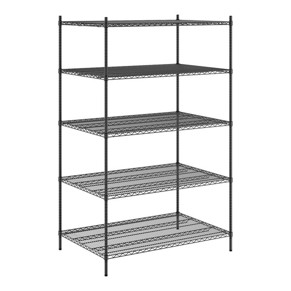 A black metal Regency wire shelving unit with five shelves.