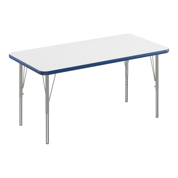 A white rectangular table with a blue edge.