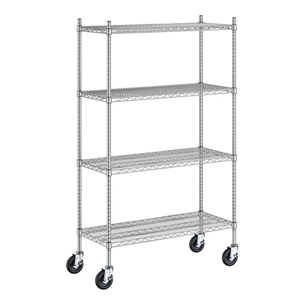 A Regency stainless steel wire shelving starter kit with wheels.