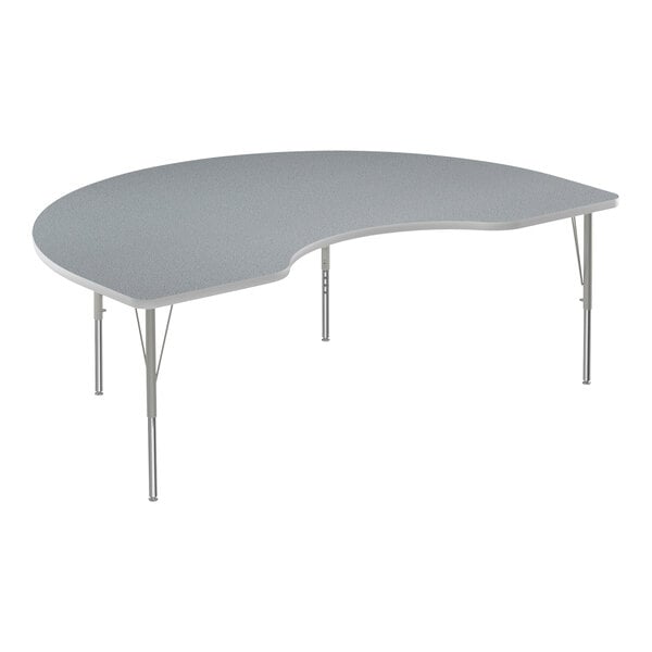 A grey Correll kidney-shaped activity table with metal legs.