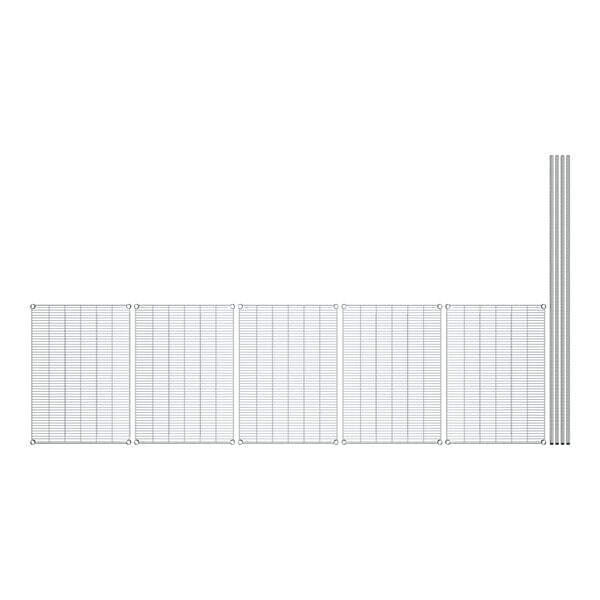 A white grid with metal rods forming rectangular shelves.
