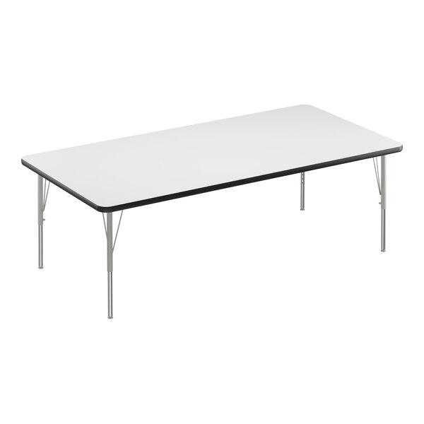 A white rectangular Correll activity table with silver legs and black edge.