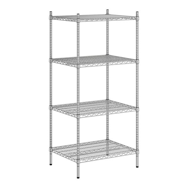 A Regency stainless steel wire shelving unit with four shelves.