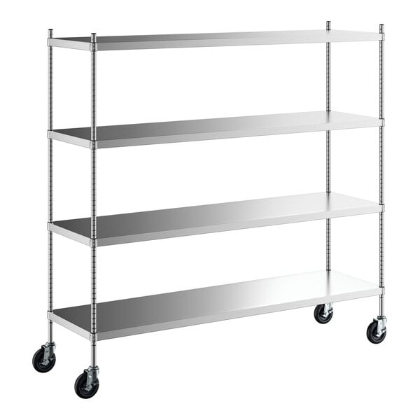 A Regency stainless steel shelving unit with wheels.