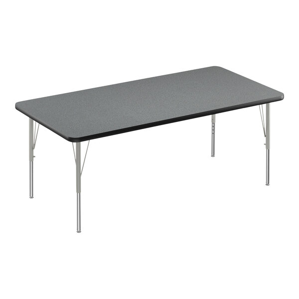 A rectangular table with a black and grey top and silver legs.