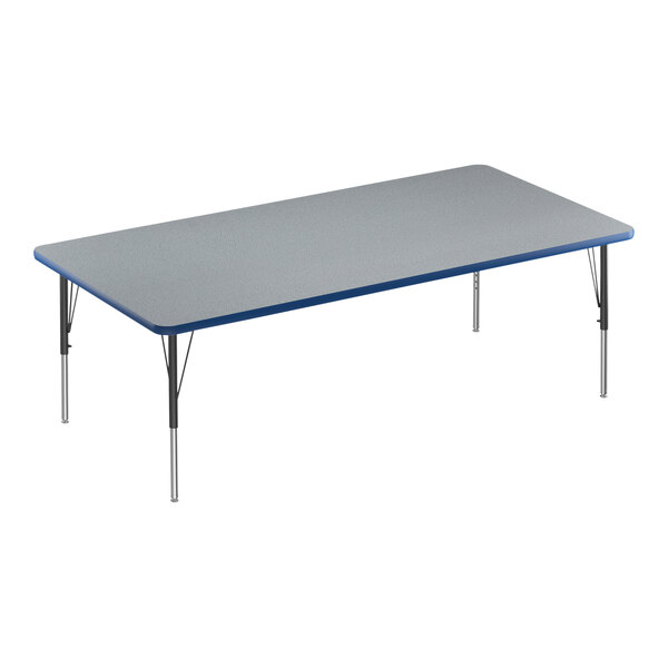 A Correll rectangular activity table with a gray top and blue T-mold on metal legs.