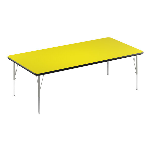 A yellow rectangular Correll activity table with silver metal legs.