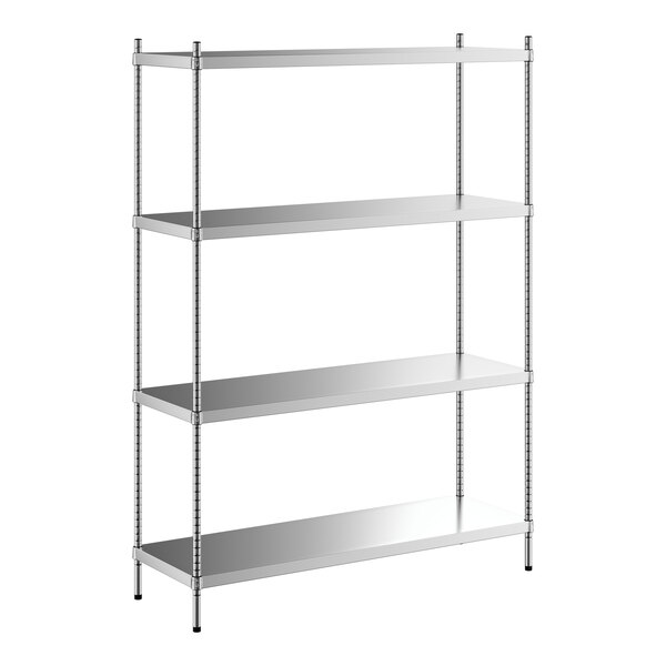 A Regency stainless steel shelving unit with four shelves.