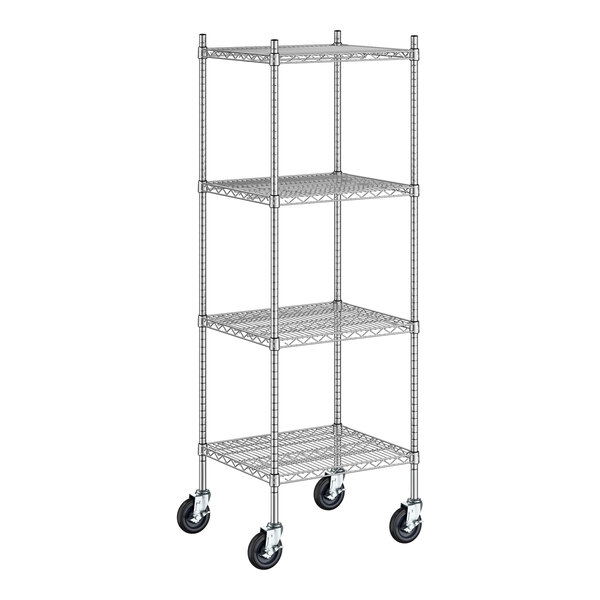 A Regency stainless steel wire shelving unit with wheels.