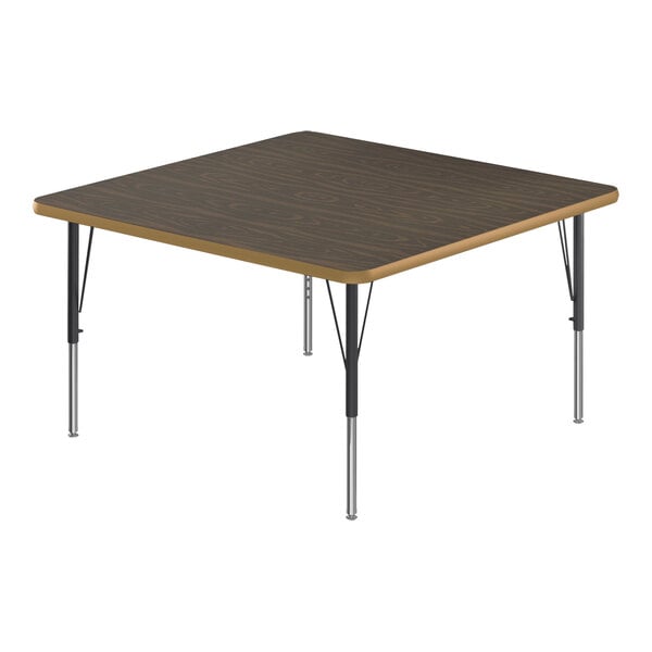 A square Correll activity table with black metal legs and a walnut top.