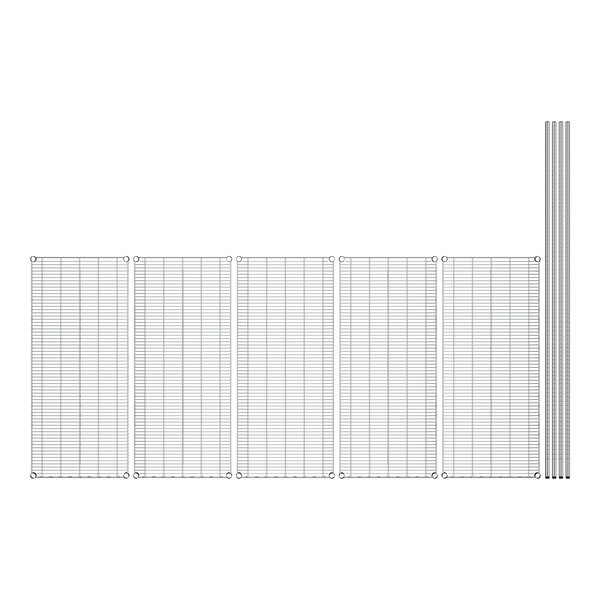 A close-up of a row of stainless steel wire shelves.