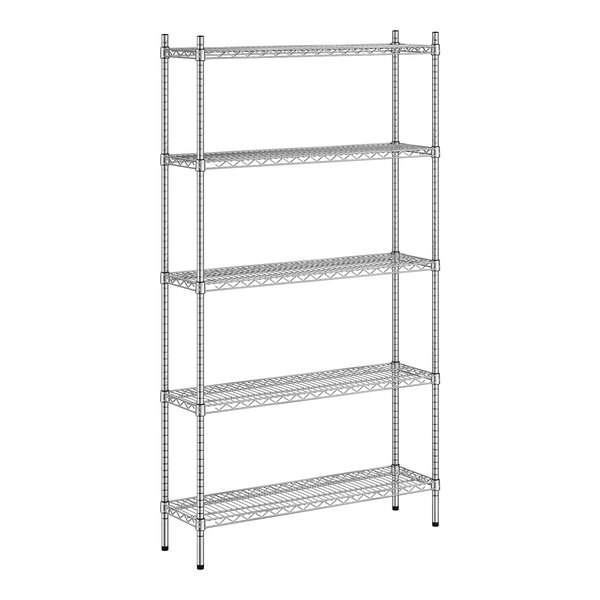 A Regency stainless steel wire shelving unit with five shelves.