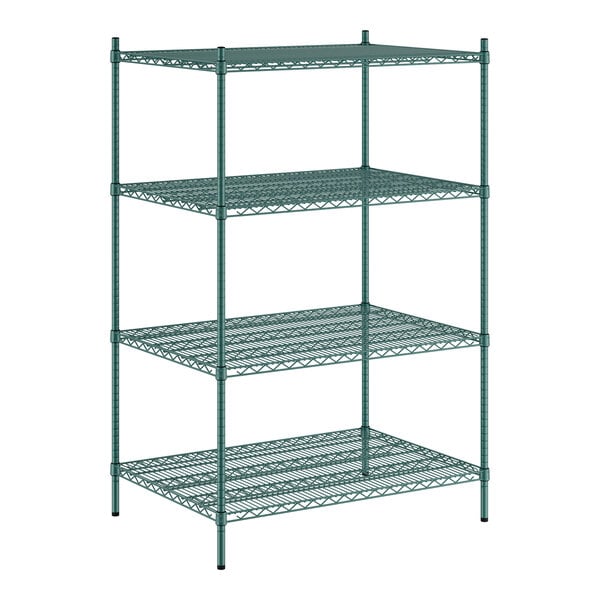 A green metal Regency wire shelving unit with four shelves.