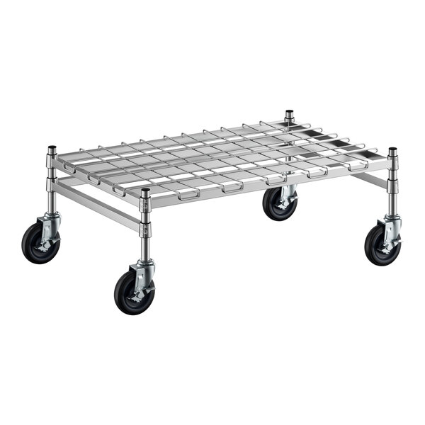 A Regency stainless steel wire dunnage rack with black wheels.