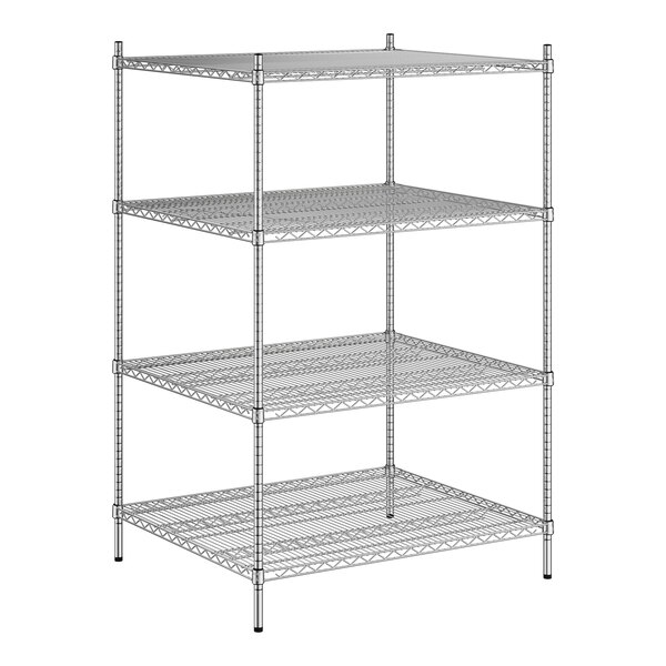 A wireframe of a Regency stainless steel wire shelving unit with four shelves.