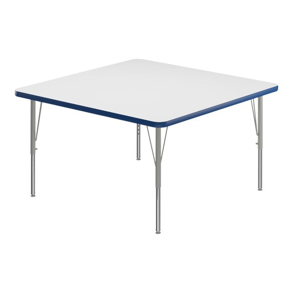 A white square Correll activity table with silver legs and blue trim.