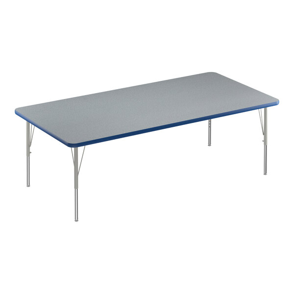 A rectangular Correll activity table with a blue edge and metal legs.