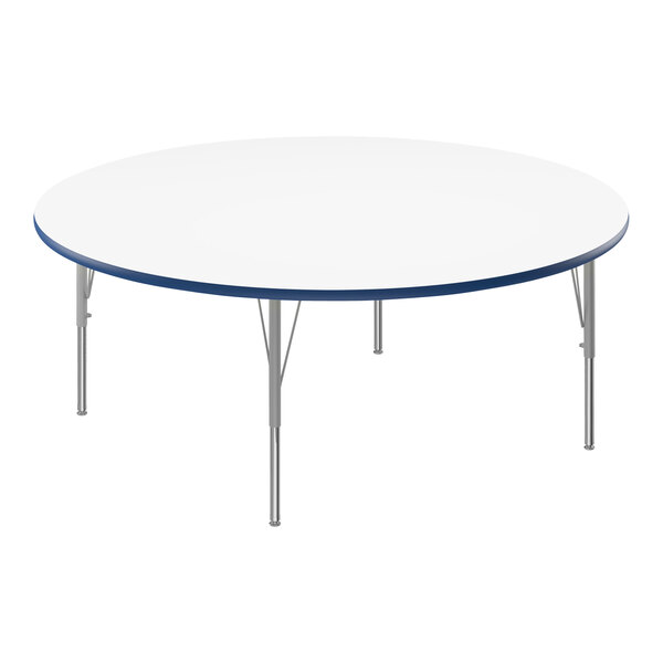 A white round Correll activity table with silver legs and blue T-Mold.