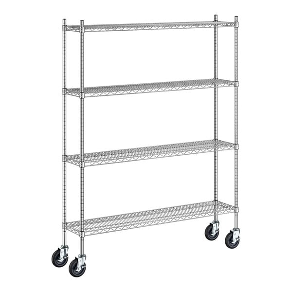 A Regency stainless steel wire shelving unit with wheels.