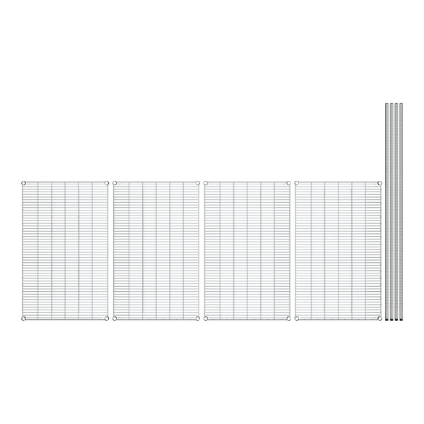A white grid of wire shelves with four panels.