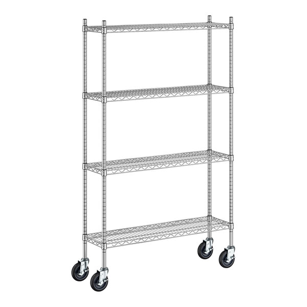 A Regency stainless steel wire shelving unit with wheels.