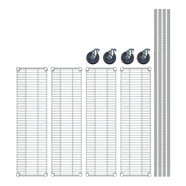 A Regency stainless steel wire mobile shelving starter kit with 4 shelves and wheels.
