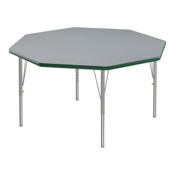A Correll activity table with gray and green top and silver legs.