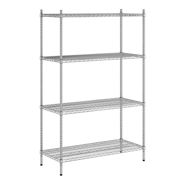 A wireframe of a Regency stainless steel shelving unit with four shelves.