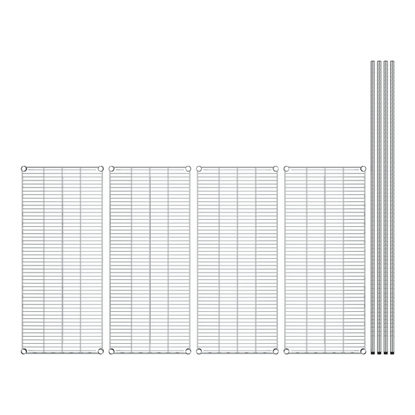 A white drawing of a Regency stainless steel wire shelving unit with metal grids.