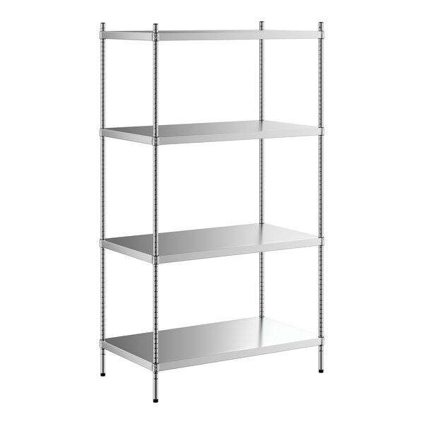 A Regency stainless steel shelving unit with four shelves.