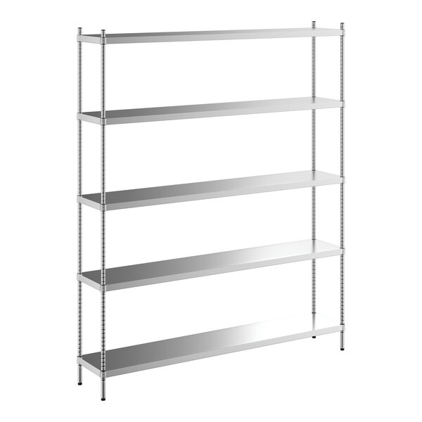 A Regency stainless steel shelving unit with five shelves.