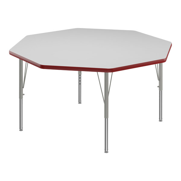 A white and red hexagon Correll activity table top.