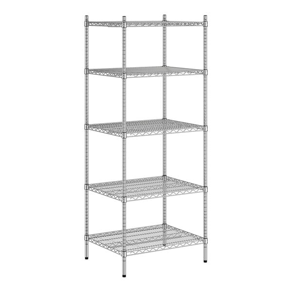 A wireframe of a Regency stainless steel wire shelving unit with 5 shelves.