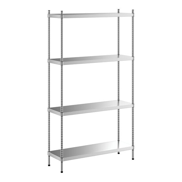 A Regency stainless steel shelving unit with four shelves.