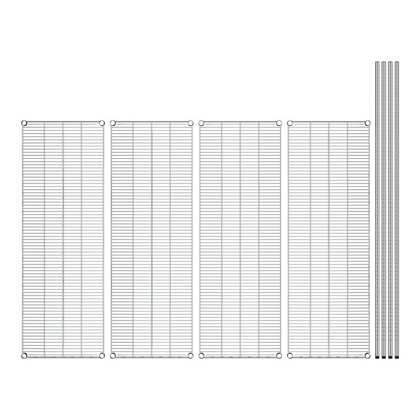 A white wire shelving unit with four wire shelves.