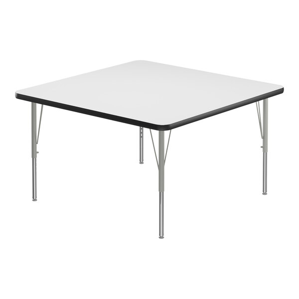 A white square Correll activity table with silver legs and black edge.