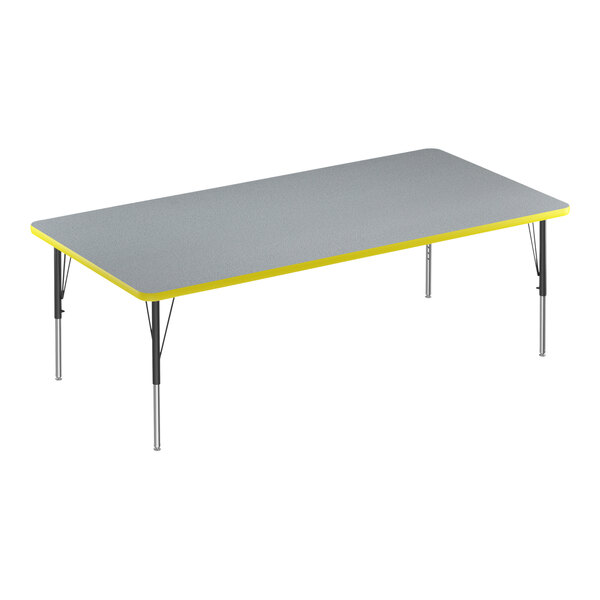 A grey rectangular table with yellow trim.