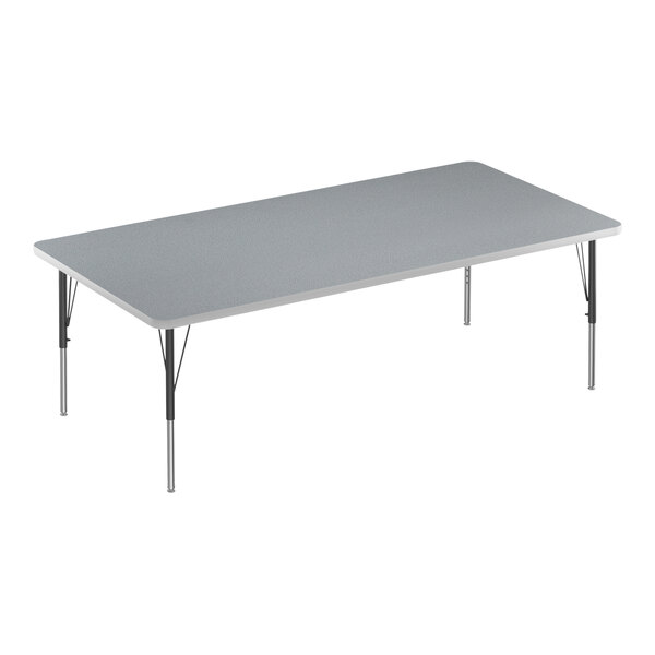 A Correll rectangular table with gray top and metal legs.