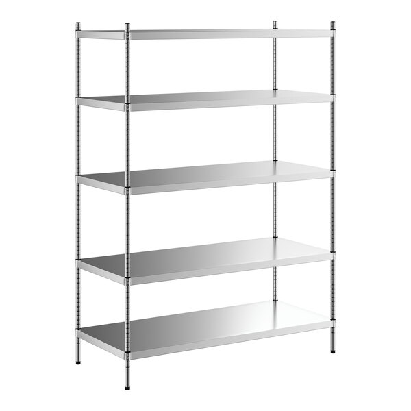 A Regency stainless steel shelving unit with 5 shelves and metal rods.