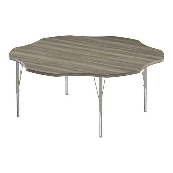 A Correll New England Driftwood Activity Table with metal legs and a wood surface.