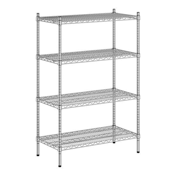 A wireframe of a Regency stainless steel wire shelving unit with four shelves.