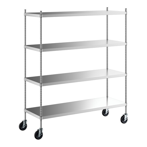 A Regency stainless steel mobile shelving starter kit with wheels and 4 shelves.