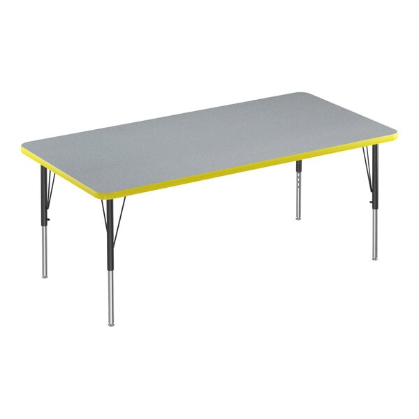 A grey rectangular Correll activity table with black legs and a yellow edge.