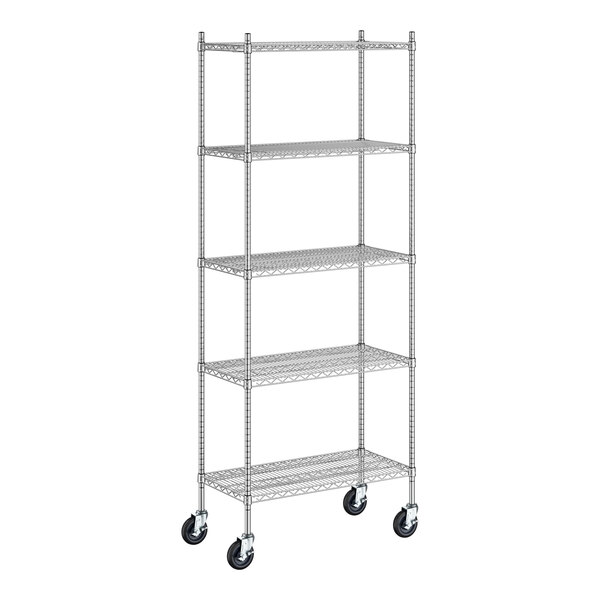 A Regency stainless steel wire mobile shelving starter kit with wheels.