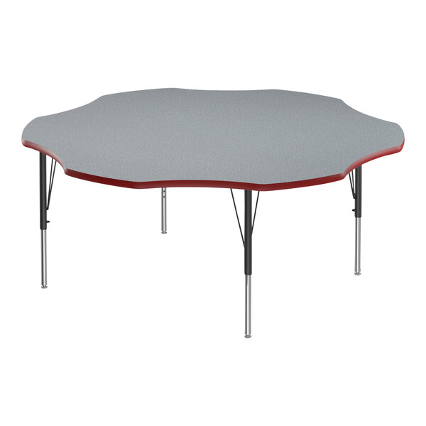 A grey and red Correll activity table with black legs and red trim.