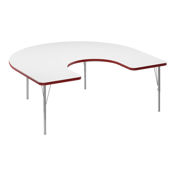 A white table with a red horseshoe-shaped edge.