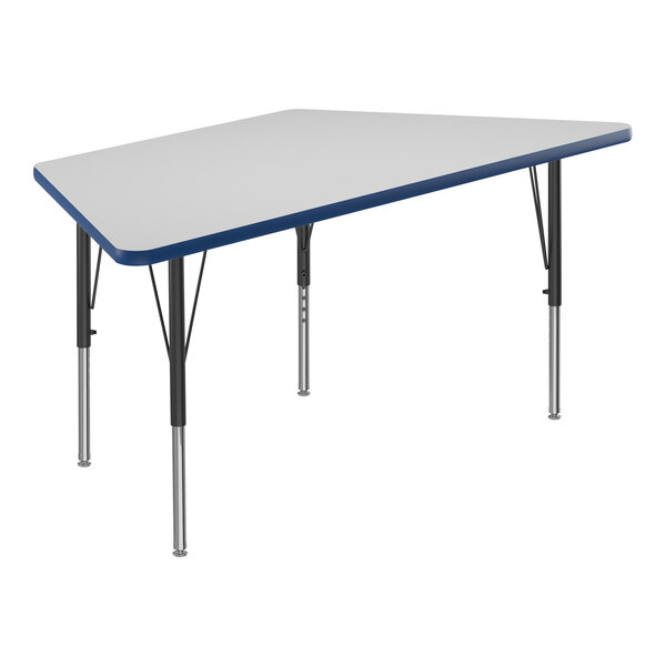 A white trapezoid activity table with blue T-mold on the edges and black legs.