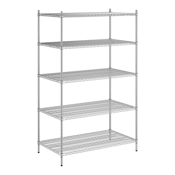 A wireframe of a Regency stainless steel shelving unit with 5 shelves.