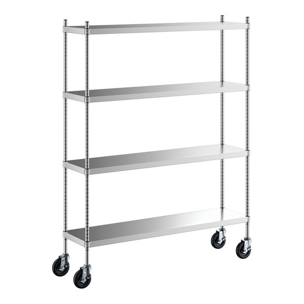 A Regency stainless steel shelving unit with wheels.