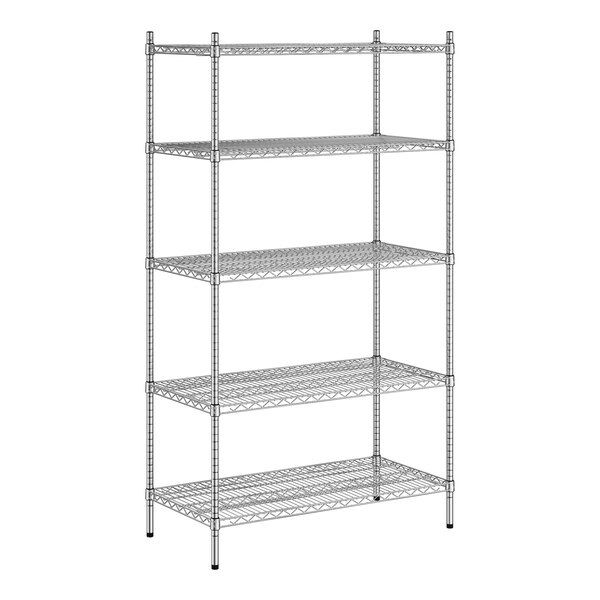 A Regency stainless steel wire shelving unit with five shelves.